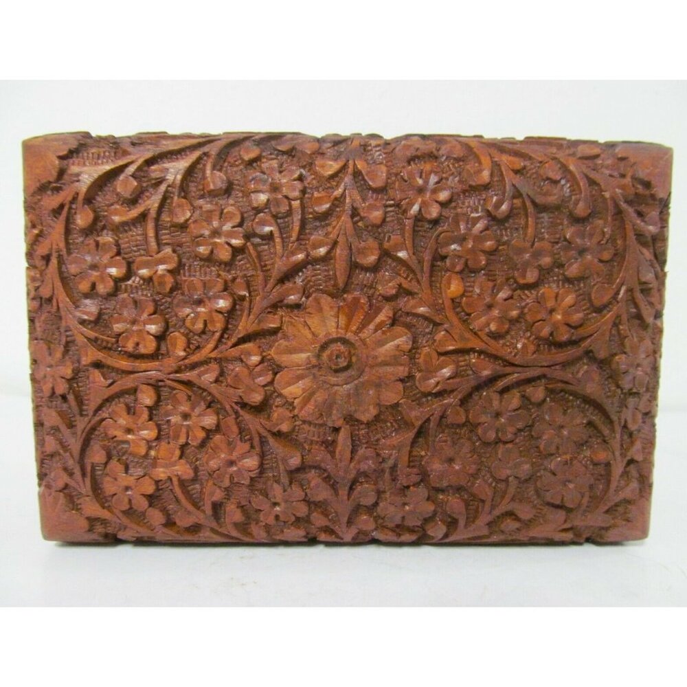 Vintage Wooden Spice Chest Sand Carved Decorated Tudor Roses Made in India